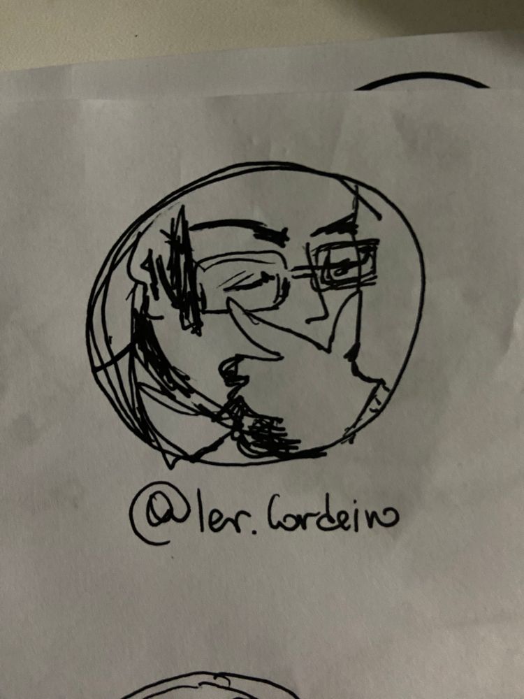 desenho feito a mão com caneta preta em folha branca do rosto da foto de perfil da @ marcada dentro de um círculo 