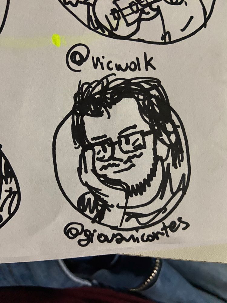 desenho feito a mão com caneta preta em folha branca do rosto da foto de perfil da @ marcada dentro de um círculo 