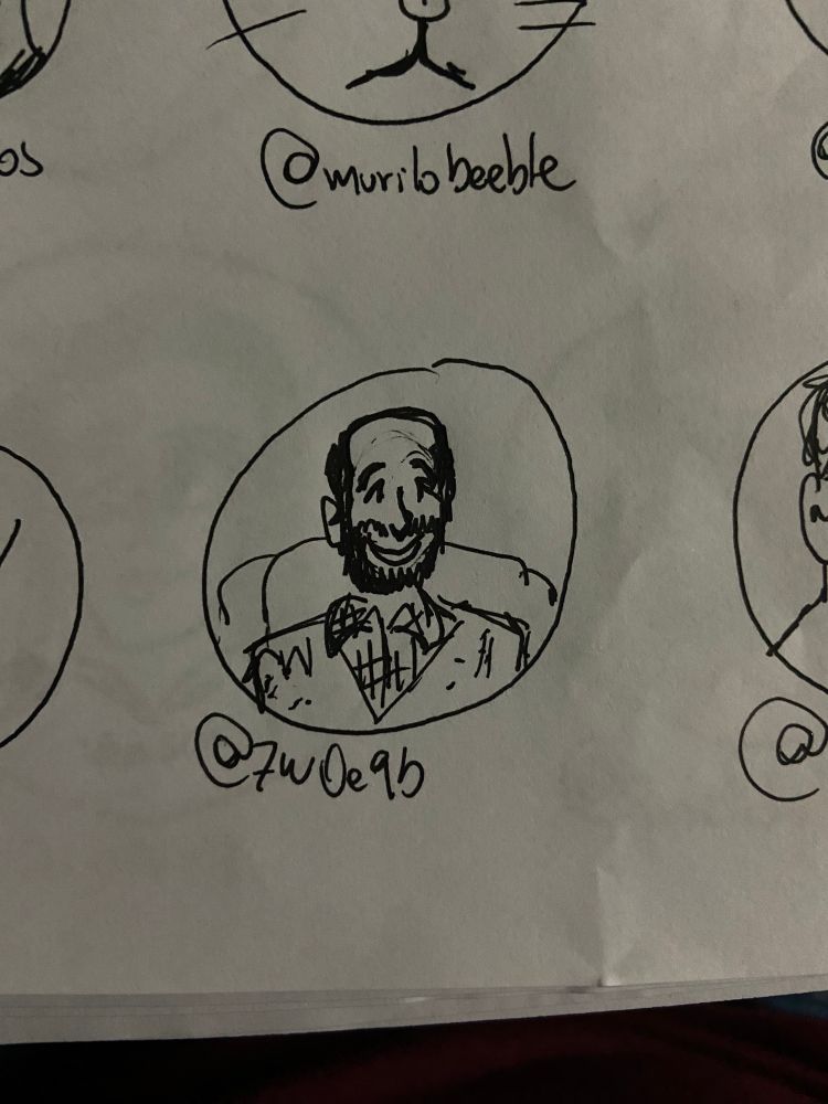 desenho feito a mão com caneta preta em folha branca do rosto da foto de perfil da @ marcada dentro de um círculo 