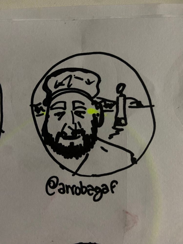 desenho feito a mão com caneta preta em folha branca do rosto da foto de perfil da @ marcada dentro de um círculo 