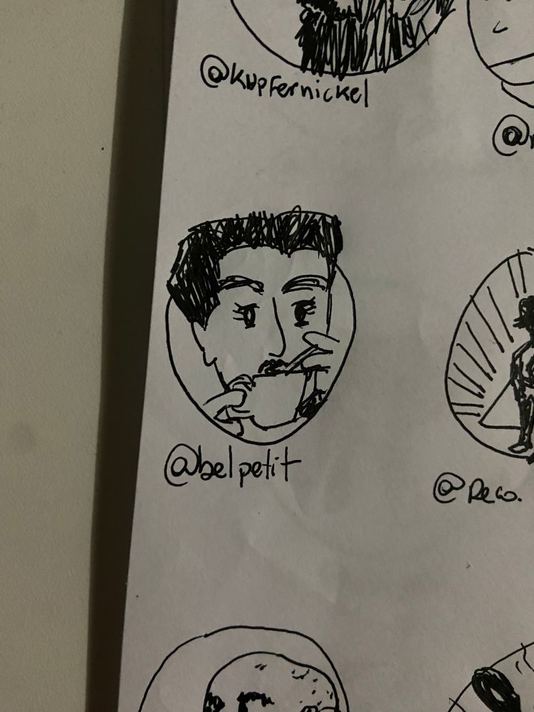 desenho feito a mão com caneta preta em folha branca do rosto da foto de perfil da @ marcada dentro de um círculo 