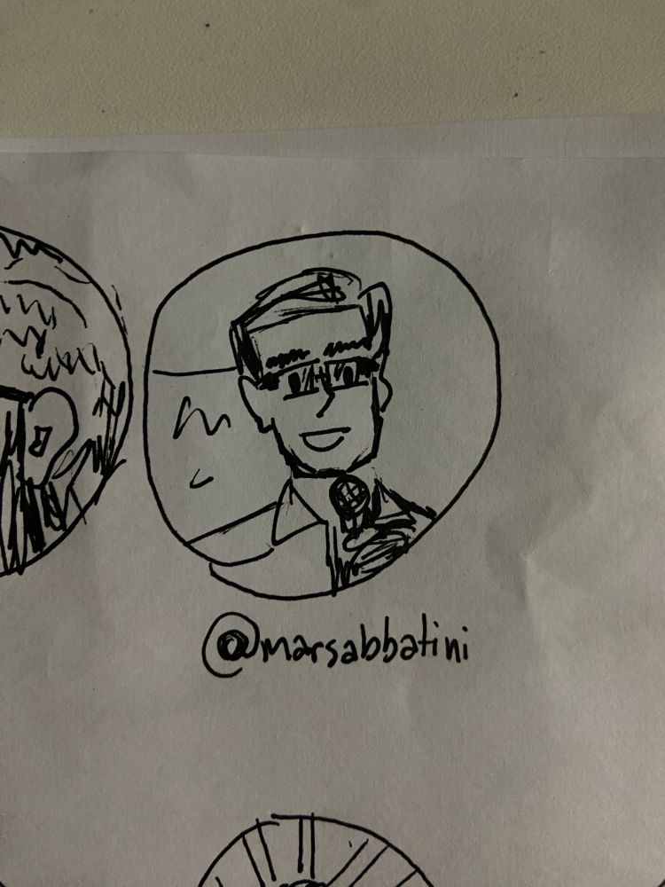 desenho feito a mão com caneta preta em folha branca do rosto da foto de perfil da @ marcada dentro de um círculo 
