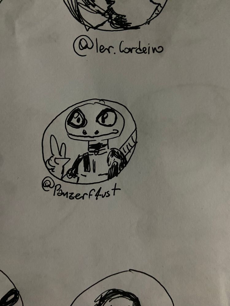 desenho feito a mão com caneta preta em folha branca do rosto da foto de perfil da @ marcada dentro de um círculo 