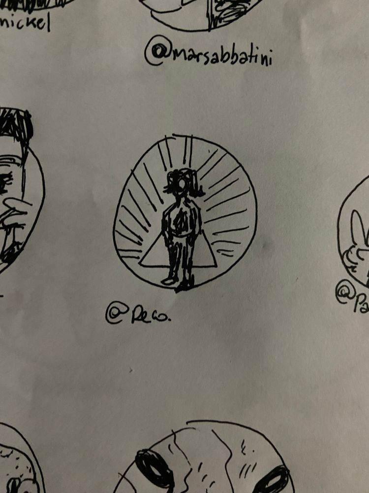 desenho feito a mão com caneta preta em folha branca do rosto da foto de perfil da @ marcada dentro de um círculo 