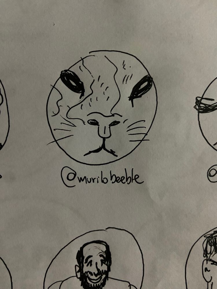 desenho feito a mão com caneta preta em folha branca do rosto da foto de perfil da @ marcada dentro de um círculo 