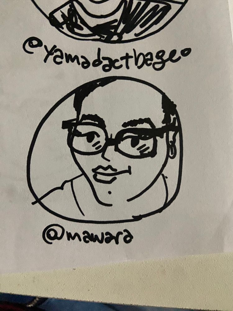 desenho feito a mão com caneta preta em folha branca do rosto da foto de perfil da @ marcada dentro de um círculo 