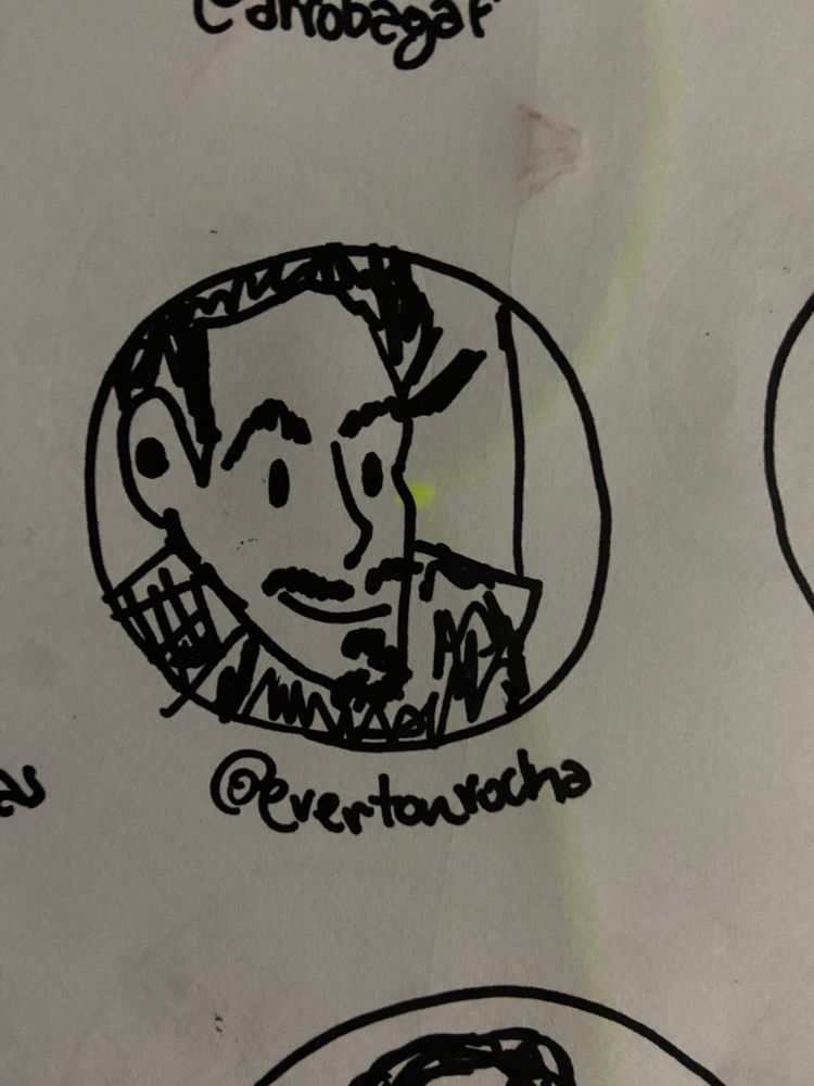 desenho feito a mão com caneta preta em folha branca do rosto da foto de perfil da @ marcada dentro de um círculo 