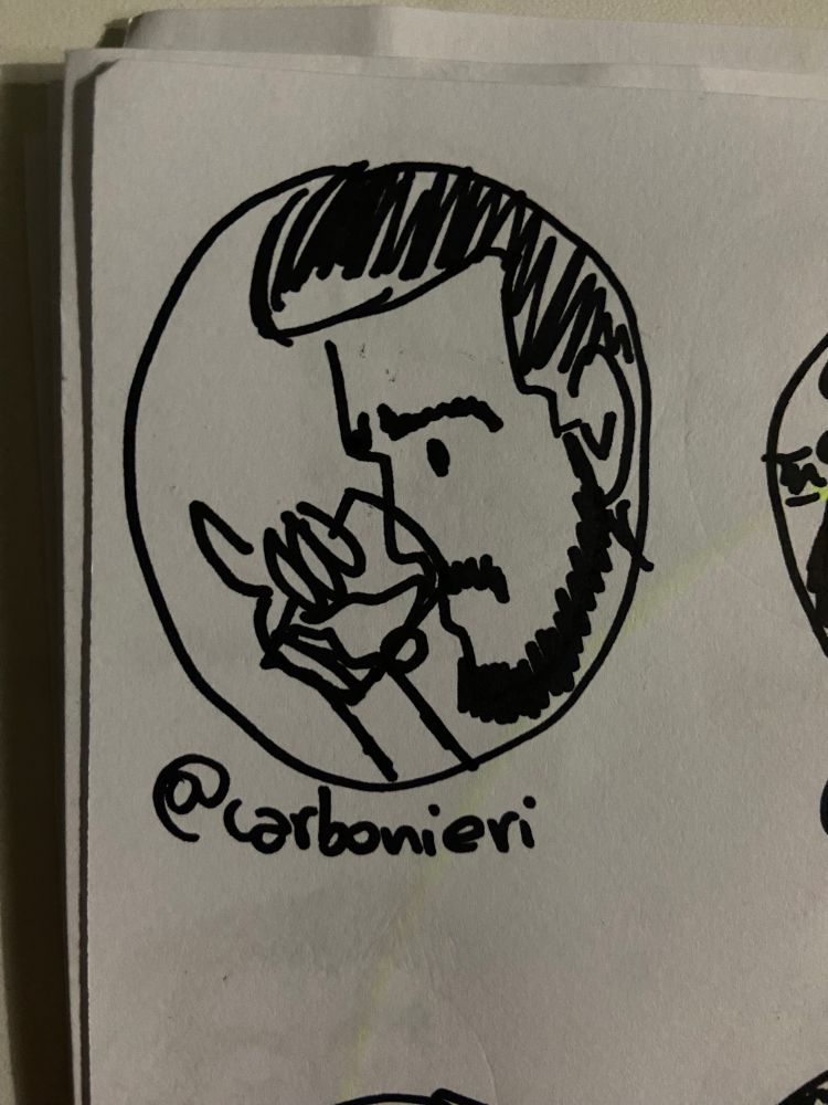 desenho feito a mão com caneta preta em folha branca do rosto da foto de perfil da @ marcada dentro de um círculo 