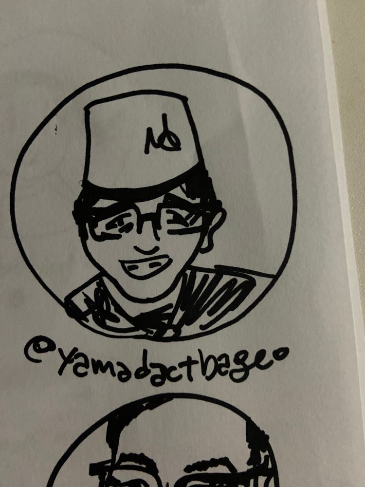 desenho feito a mão com caneta preta em folha branca do rosto da foto de perfil da @ marcada dentro de um círculo 