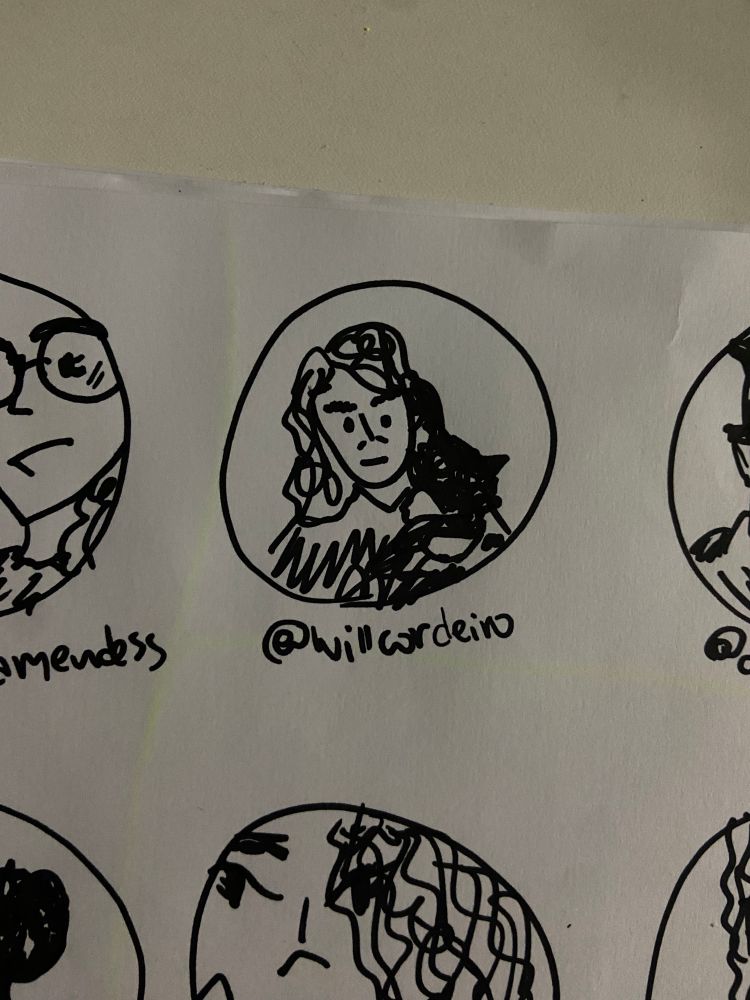 desenho feito a mão com caneta preta em folha branca do rosto da foto de perfil da @ marcada dentro de um círculo 