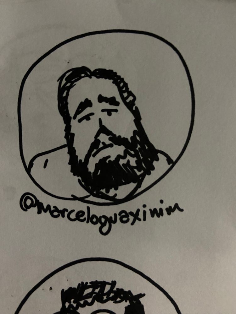 desenho feito a mão com caneta preta em folha branca do rosto da foto de perfil da @ marcada dentro de um círculo 