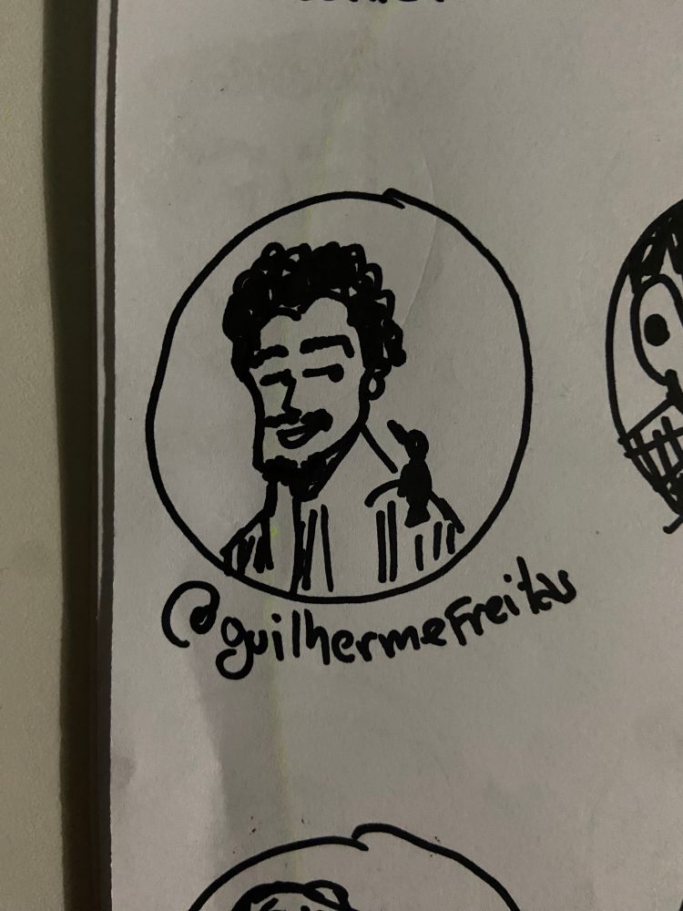 desenho feito a mão com caneta preta em folha branca do rosto da foto de perfil da @ marcada dentro de um círculo 