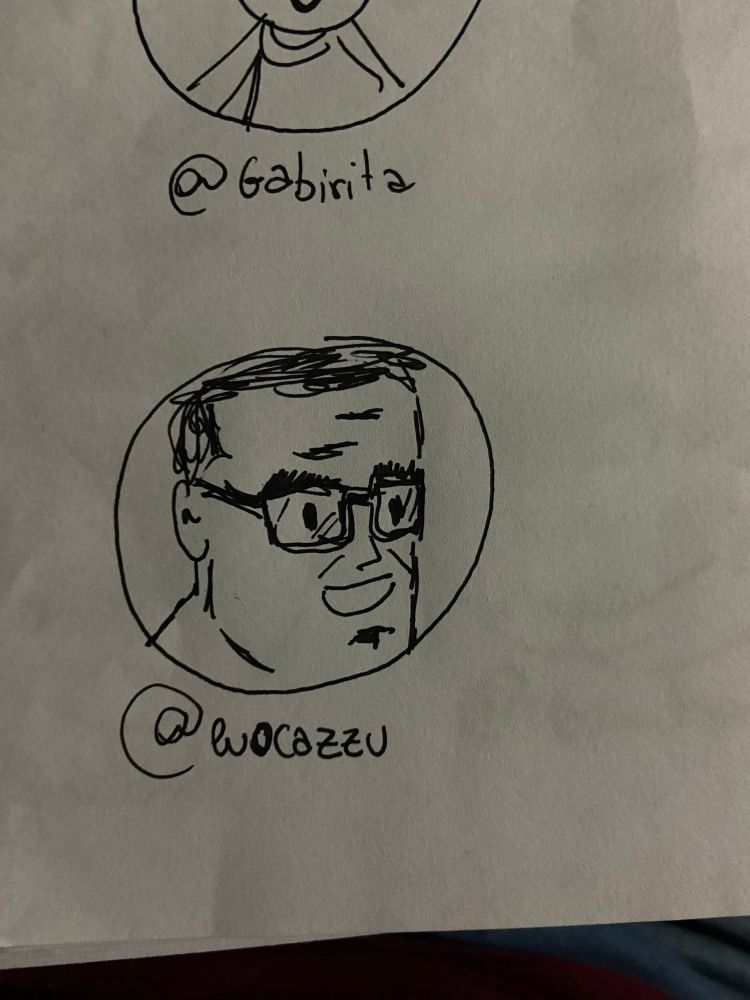 desenho feito a mão com caneta preta em folha branca do rosto da foto de perfil da @ marcada dentro de um círculo 