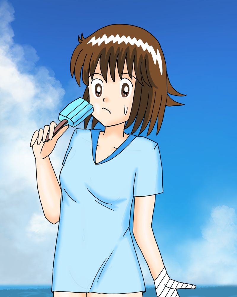 代理キャラのたかちゃんです。
あっついのでアイスキャンディーを食べてしのいでいるの図です。なぜか背景が海です（笑）