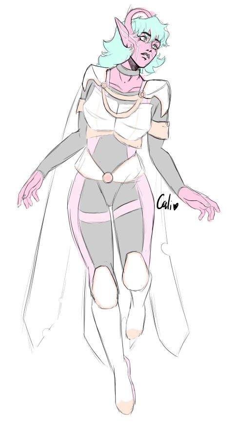 The rough sketch for Galaxy's Absolute Universe outfit, with a faded colour guide so as not to distract from the sketch and lines. Her usual fabric pallet of pink and white has been shifted to pink and black, with the white now becoming her major accent colour with hints of gold trim. Taylor has had no exposure to the human world while growing up in this AU - what once were Docs are now Ceremonial boots, and what was once an outfit that could be stored easily in a closet and resembling the heroes of the day is now clearly that of royalty on a mission.

This outfit is based on the appearance of Taylor and Vulpecula in Hawkgirl Once Upon a Galaxy, featuring an interpretation of how she'd wear jewellery and embellishments as an exiled princess fighting for her planet. This is the only time (so far at least) that we've gotten a good view of Cyandii's cultural garb and environment in a less stylized manner, so I wanted to incorporate both of these aspects to really drive home that this story would take place ON Cyandii. While not featured in the sketch, the gold trim would be styled to resemble the vine-like architecture found in the halls that we see Taylor running through.

Subconsciously it seems I've borrowed from the Priestess designs found in Shadows of Valentia - I only realised this while typing this up! But in a weird way I suppose that fits with Taylor's noble journey through the stars that I have imagined in my silly little noggin.