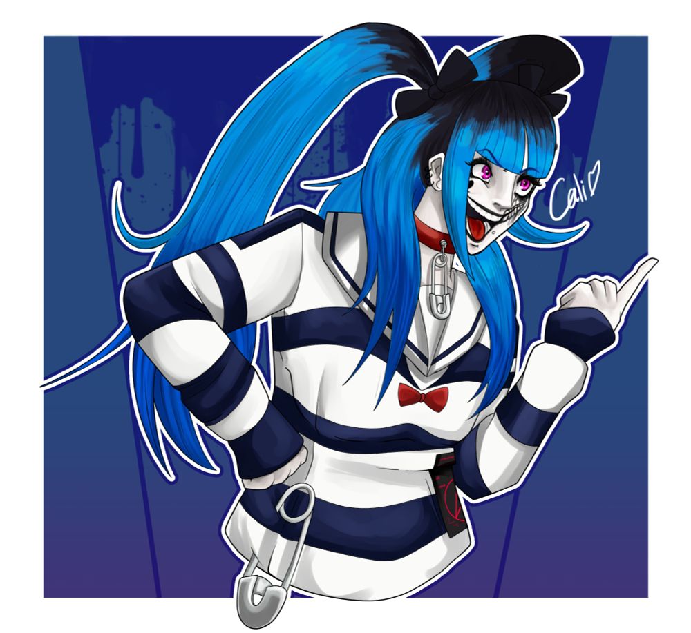 A bust of Darumi Amemiya from Hundred Line: Last Defense Academy. She is laughing maniacally while pointing a finger, possibly in accusation.