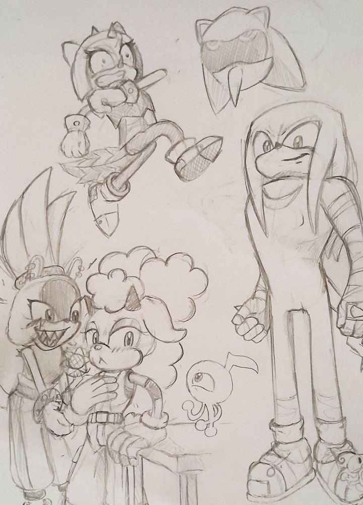 Trip the Sungazer, a HUE HUE HUE, Surge the Tenrec and Lanolin the Sheep (Surgolin) and Knuckles the Echidna, all from the Sonic the Hedgehog series