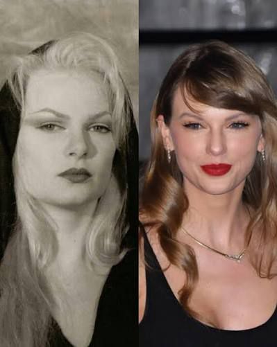 Imagem com duas fotos lado a lado. A foto á esquerda é da Zeena La Vey, satanista (?), filha do Anton La Vey. A foto está em preto e branco, ela é uma mulher branca, tem cabelos loiros e longos e está vestindo uma tunica preta. A foto a direita é da cantora Taylor Swift. Ela é uma mulher branca, tem cabelos loiros e longos e está vestindo uma roupa preta e usando batom vermelho. As duas têm sobrancelhas arqueadas.