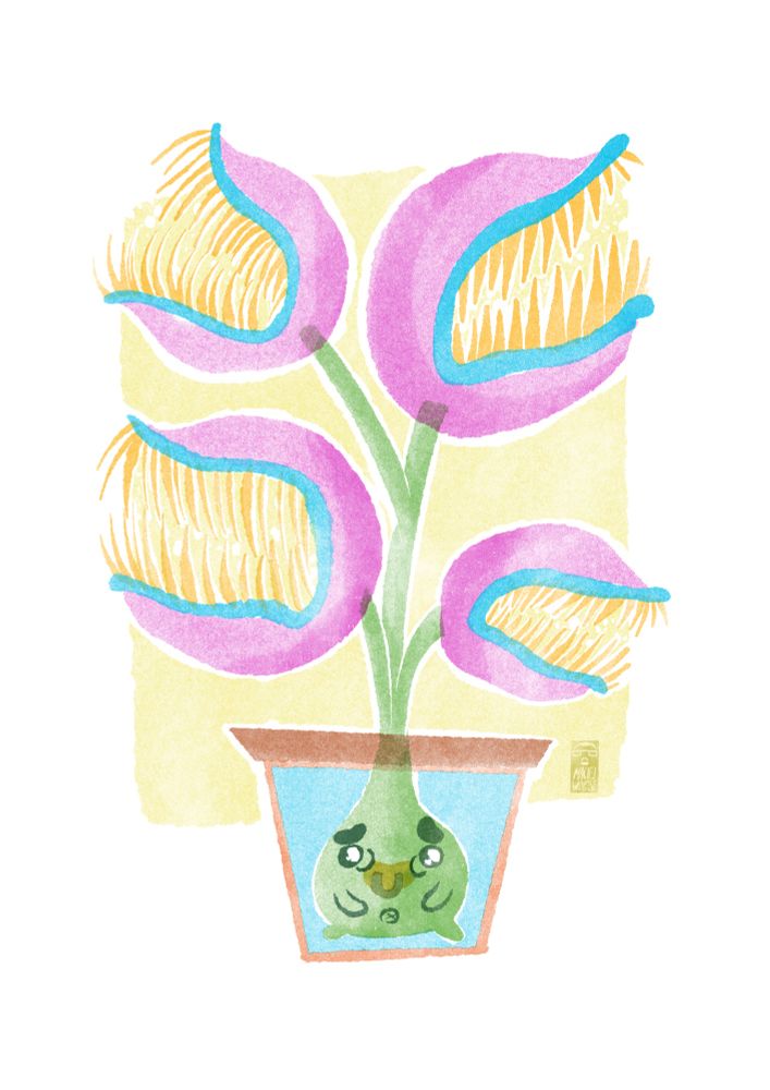 A risograph style digital art of a baby looking seed in a pot with a giant piranha plants 