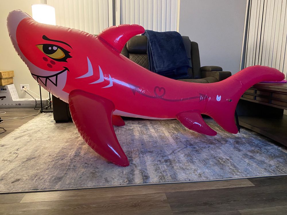 A pink inflatable shark