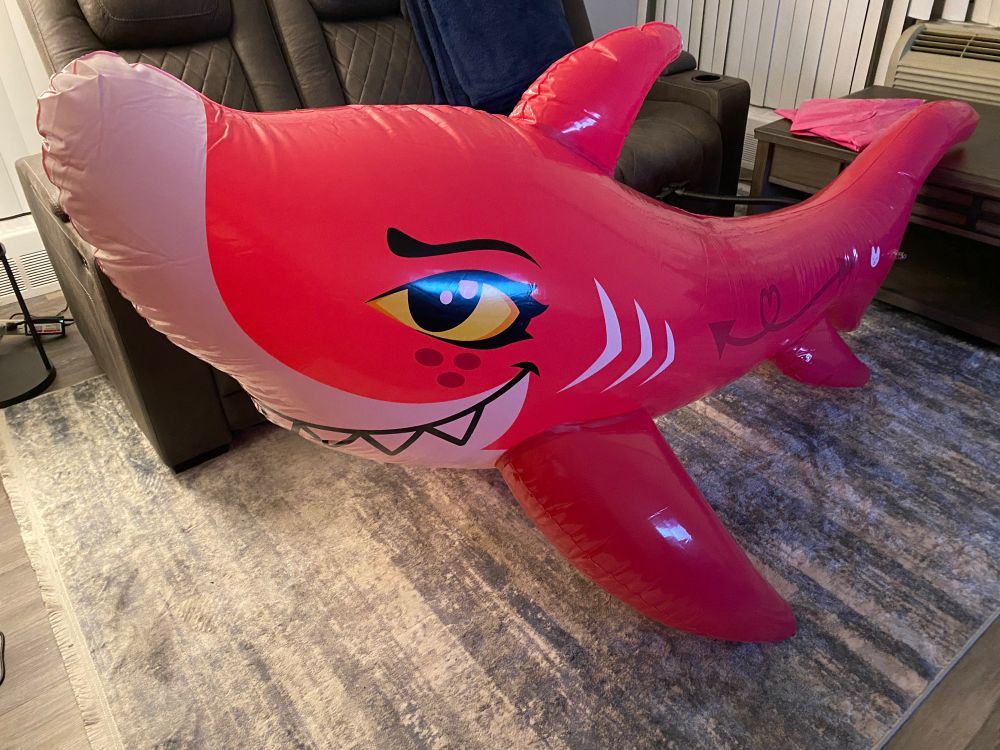 A pink inflatable shark