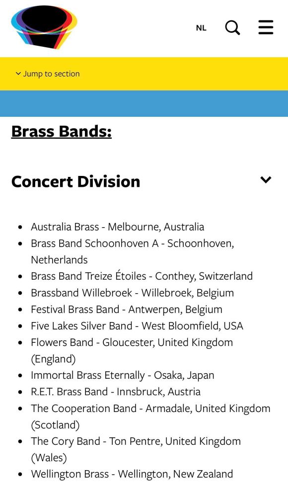 A list of the 12 competing bands from Australia, the Netherlands, Switzerland, Belgium, USA, England, Japan, Austria, Scotland, Wales and New Zealand
