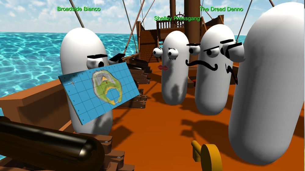Prototype build of Sea of Thieves, with tubular "pirates" aboard a low poly galleon at sea