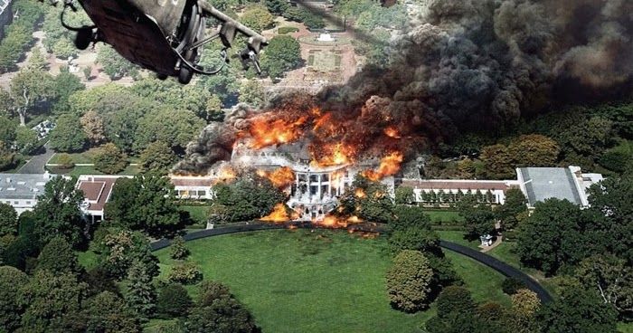 The White House on fire in one of the weird batch of "terrorists attack the White House" movies from a few years ago. I think this one is White House Down but maybe it's Olympus Has Fallen.