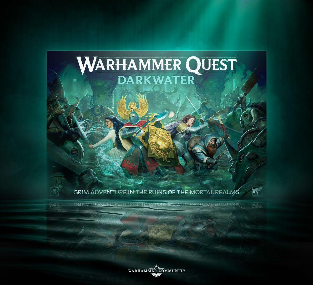 Promotional artwork for the newly announced Warhammer Quest - Darkwater box, featuring four heroes (speculatively, a mage, a knight, a ranger, and a dwarf) massed against a horde of beastmen and Nurgle-worshipping knights