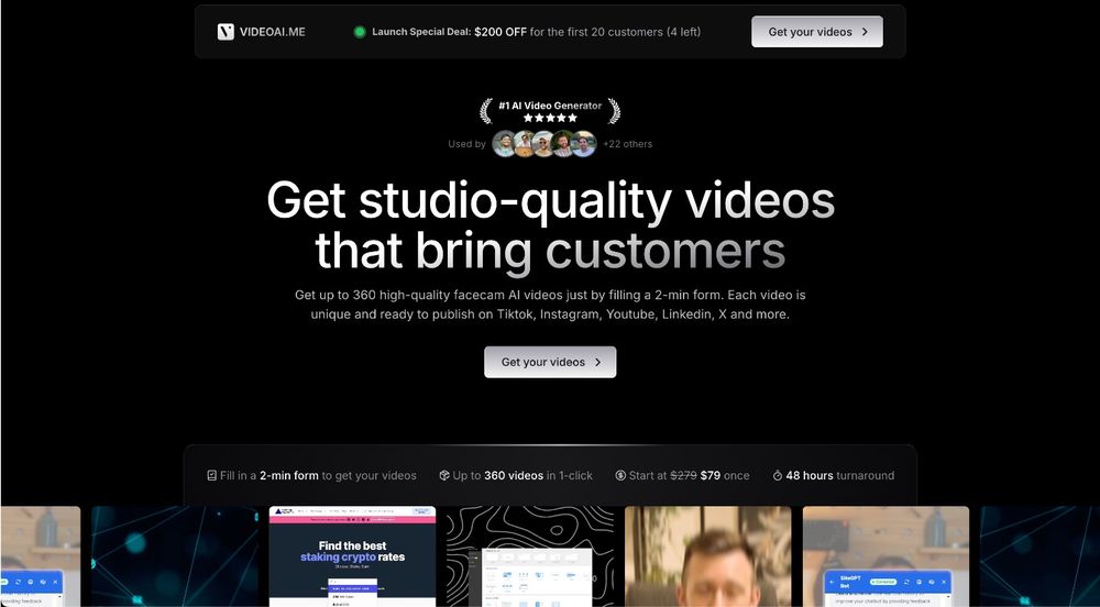 🔥 ROAST my landing page + pricing page: videoai.me

👀 My audience:
- Startup founders who don’t have time (or are too shy) to create videos
- Companies looking to launch/scale their video strategy
- Ads agencies

Most people here on WIP are my potential customer, so your feedback is 💎!