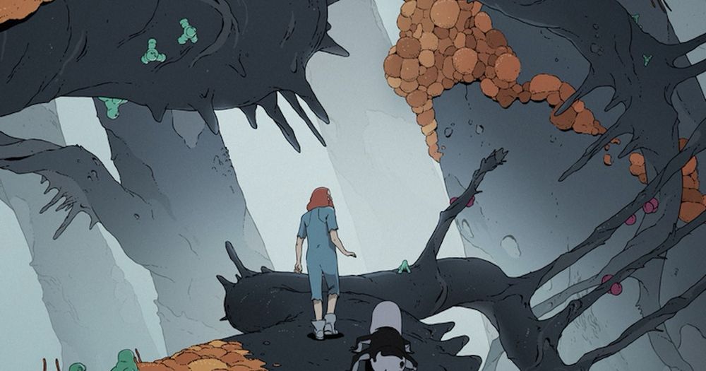 Still from Scavengers Reign. A crew member walking across a giant plant, followed by a weird but cute alien creature.