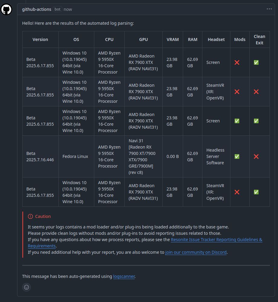 Screenshot of a GitHub issue discussion thread. In the comment, a table is shown showing various data from the logs, such as the GPU, OS, VRAM, RAM, CPU and if mods are used. At the bottom, a red warning warning users that mods have been used in the one or more of the log files.