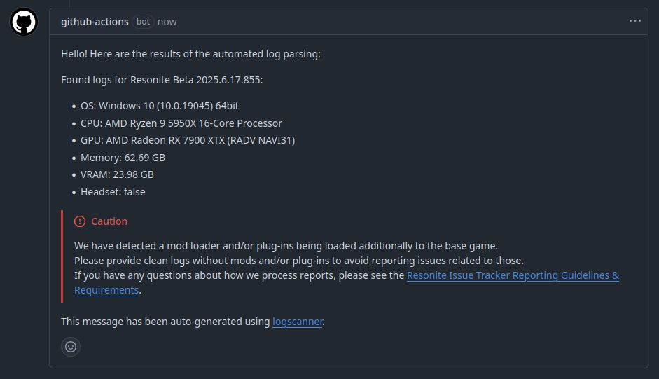 Screenshot of the GitHub interface showing a comment thread with a response from "github-actions (bot)" detailling the PC specs found from a log, and warning the user they are using mods or plug-ins.