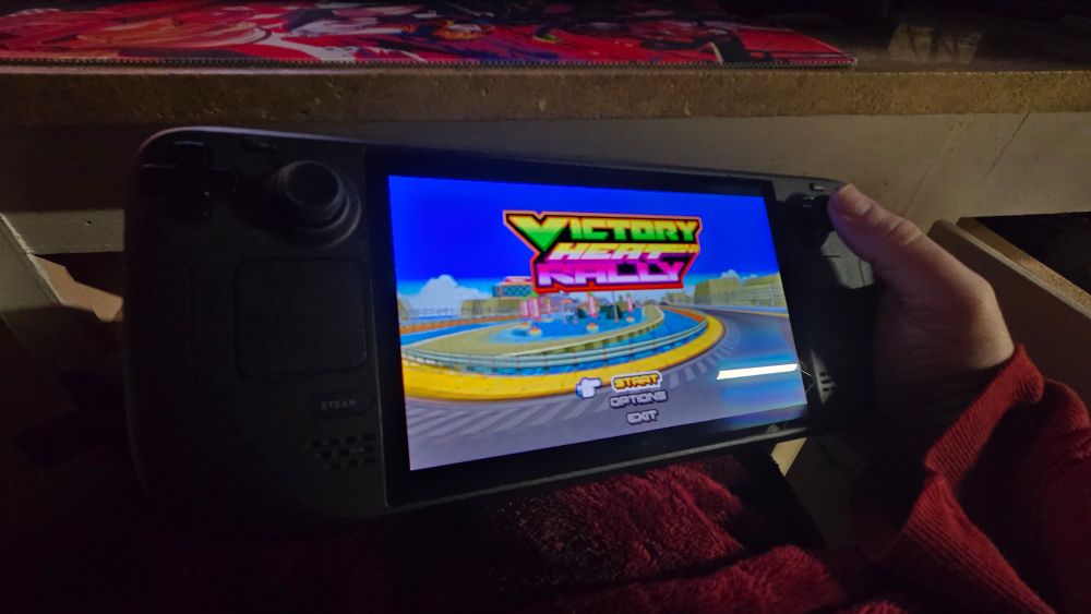 A steam deck running the game victory heat rally