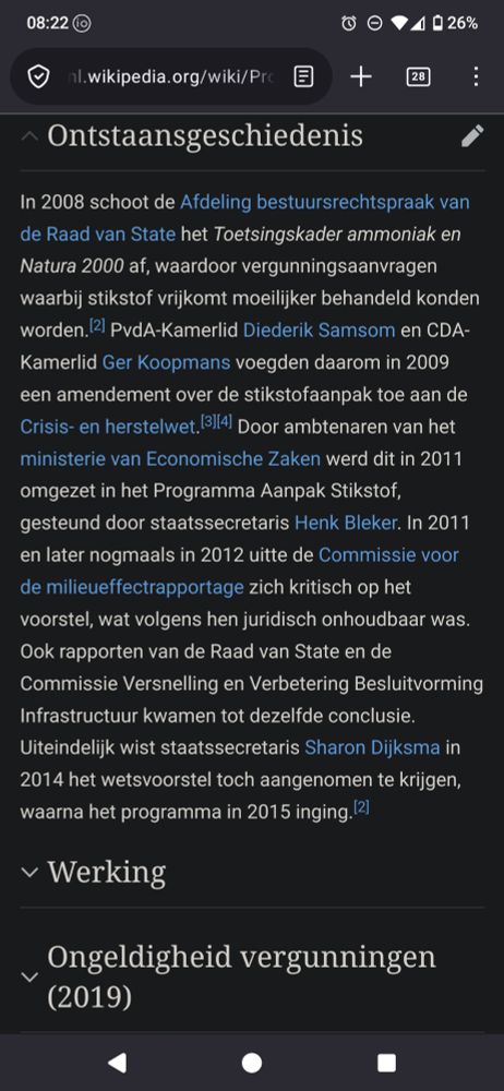 PvdA-Kamerlid Diederik Samsom en CDA-Kamerlid Ger Koopmans voegden daarom in 2009 een amendement over de stikstofaanpak toe aan de Crisis- en herstelwet. Door het ministerie van Economische Zaken werd dit in 2011 omgezet in het Programma Aanpak Stikstof, gesteund door staatssecretaris Henk Bleker (CDA). Uiteindelijk wist staatssecretaris Sharon Dijksma (PvdA) in 2014 het wetsvoorstel toch aangenomen te krijgen, waarna het programma in 2015 inging.