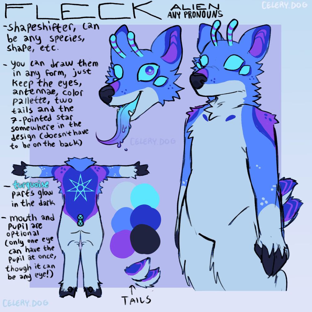 a reference sheet for a blue shapeshifter alien deer called Fleck