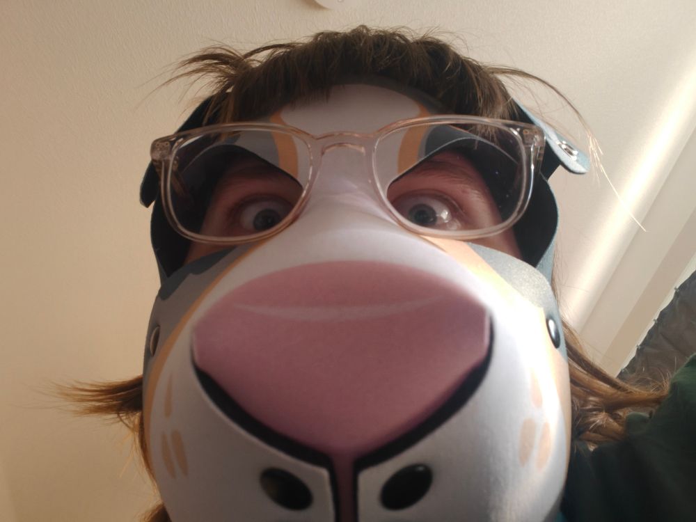 me, wearing my australian shepherd colored pup hood, looking down at you with them big ol' eyes, taking a big sniff