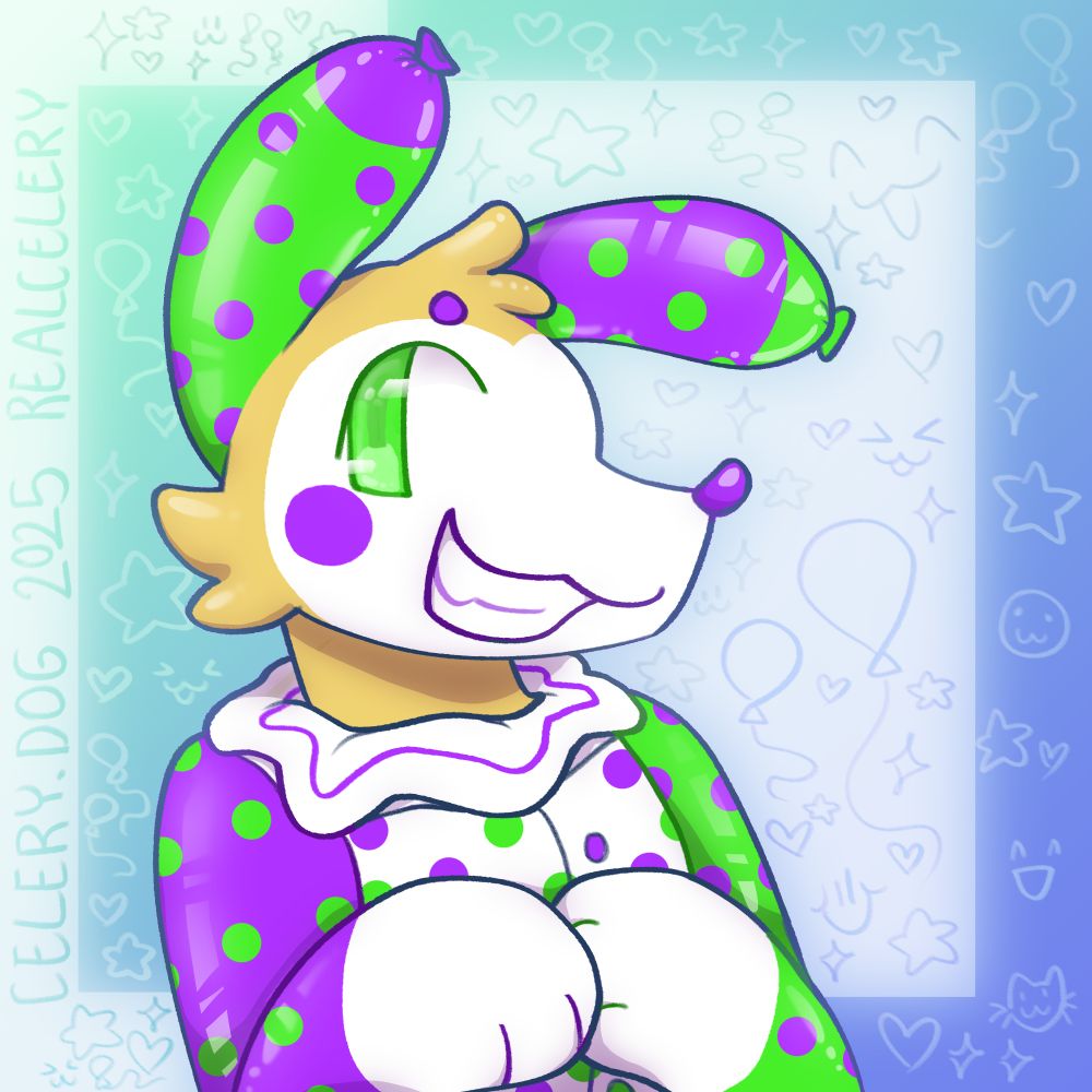 a tan and white balloon dog furry with purple and green accents, smiling at the viewer. The background consists of many small doodles, including cat faces, emoticons, balloons, stars and hearts.