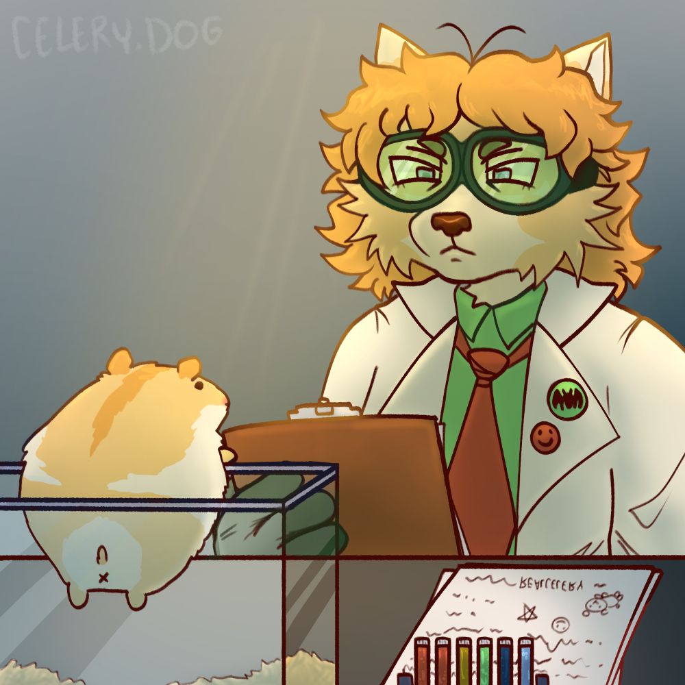 illustration of an evil scientist furry looking at a hamster peeking out of a glass box