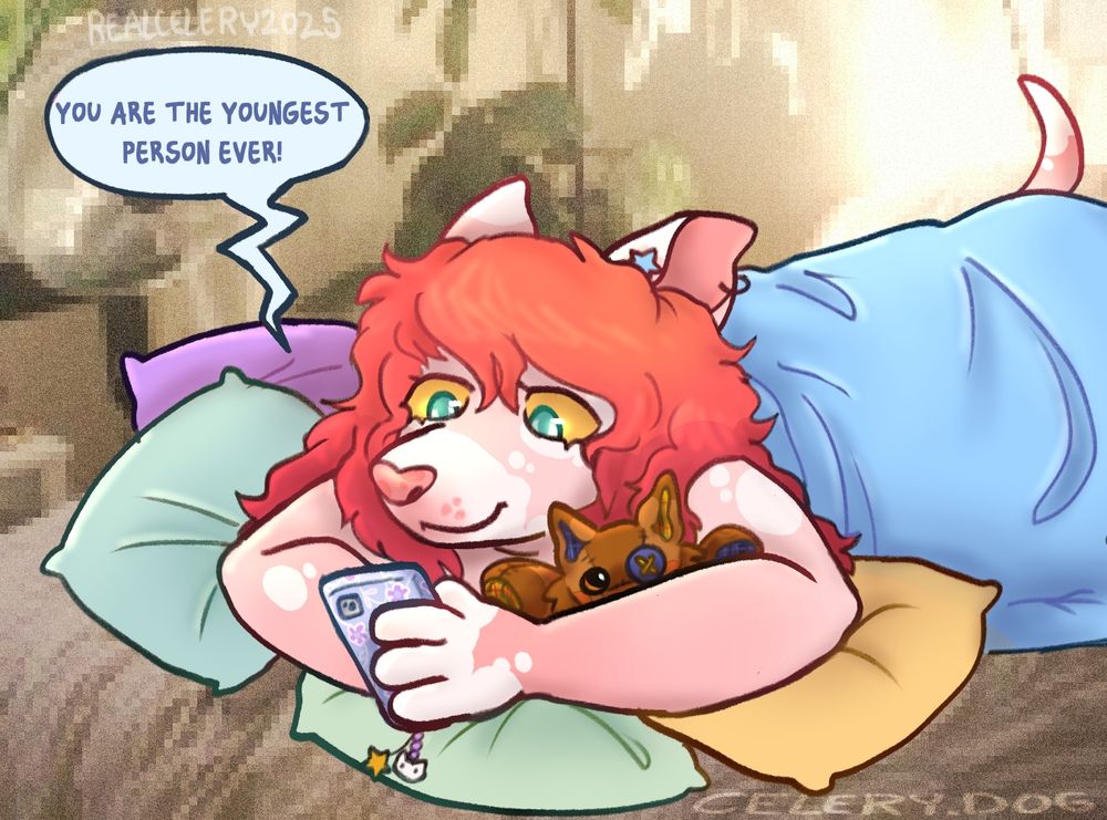 drawing of a redhead anthro dog laying in bed, scrolling on their phone, hugging a plushie