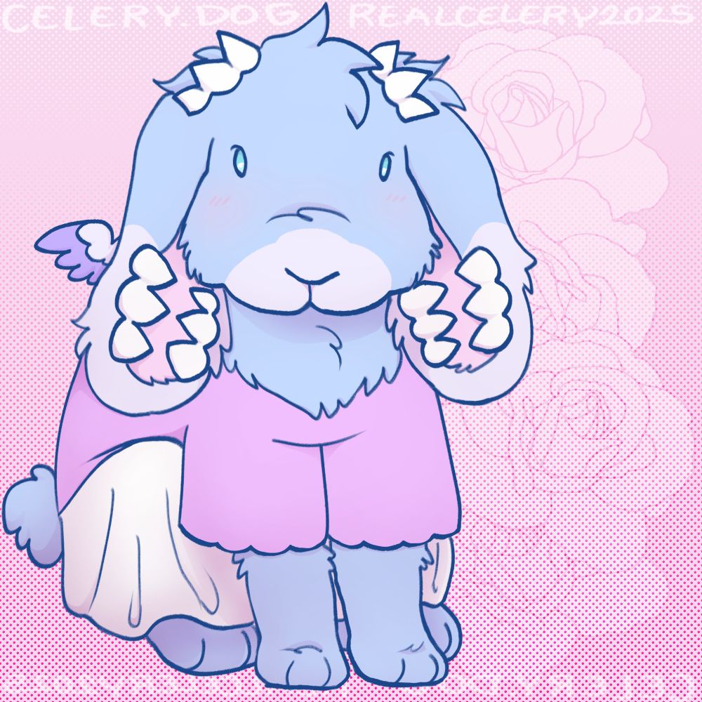 a blue winged bunny with a pink shirt and a white skirt sitting in front of a pink rosy background
