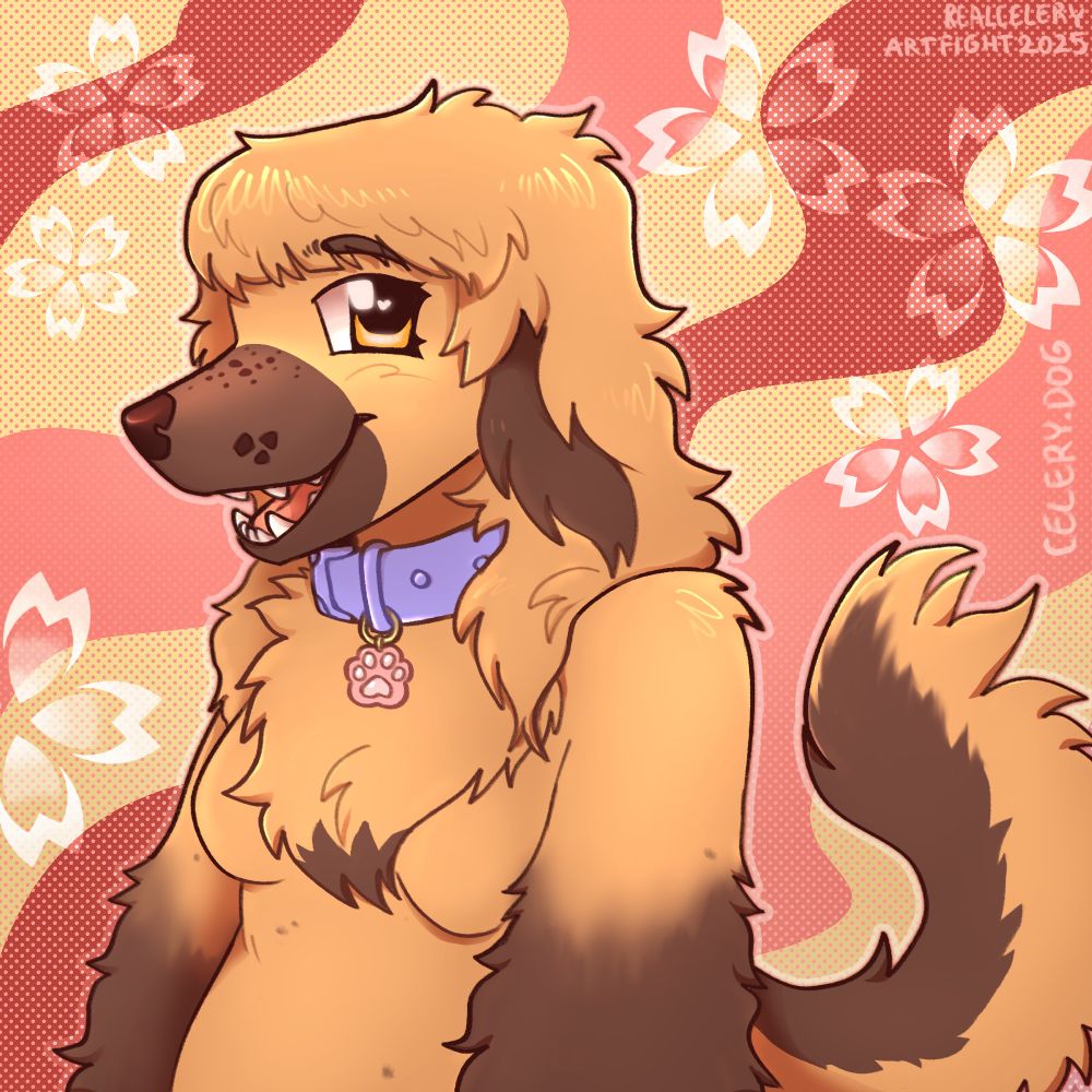 a tan and brown anthro dog with a purple collar that has a pink paw charm, smiling at the viewer. The background is pink and yellow and wavy with flowers.