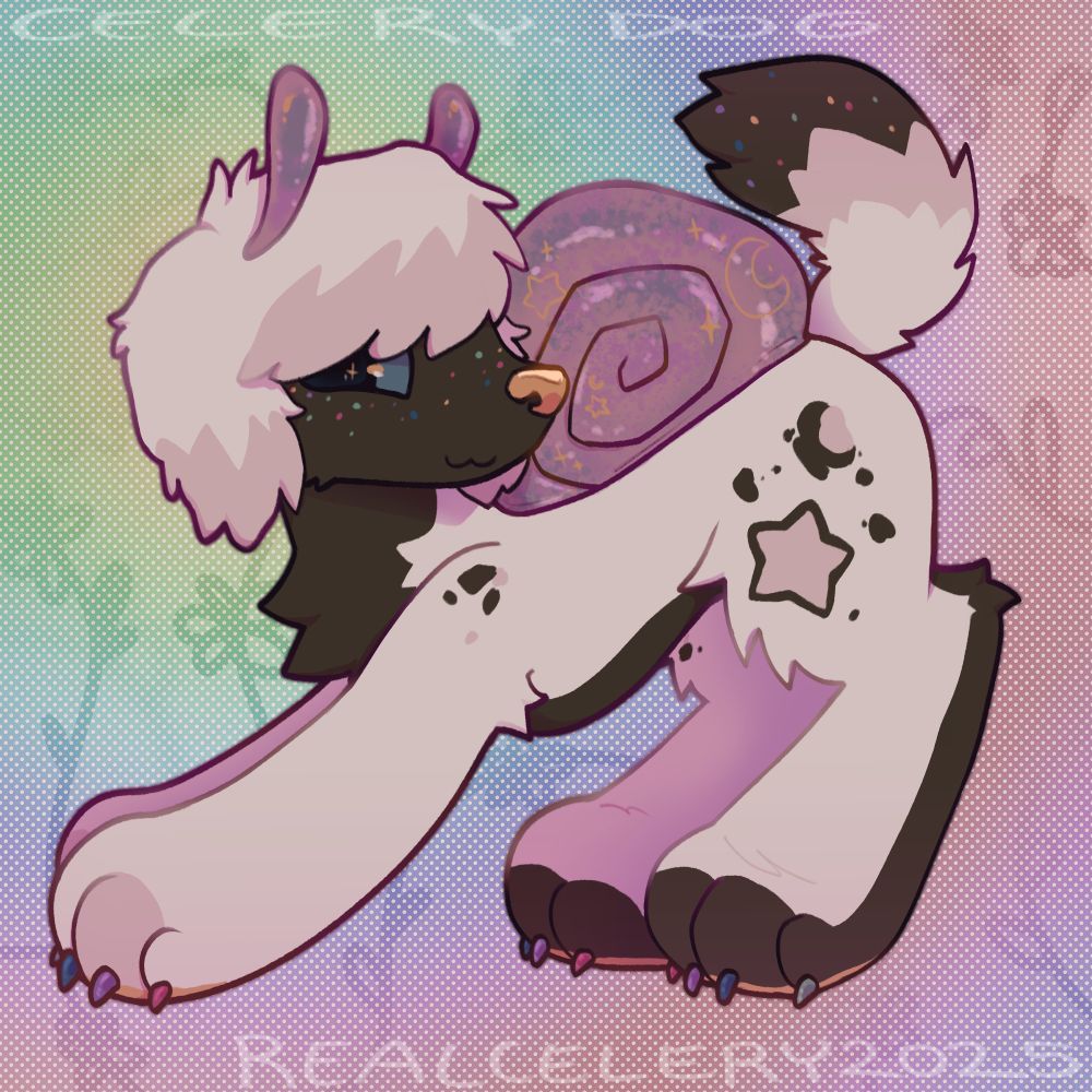 a pink, white and brown snail-dog hybrid in a playful position in front of a rainbow background