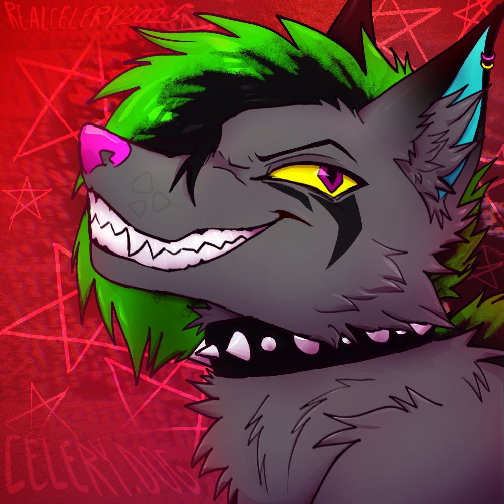 A sparkledog mightyena smiling evilly in front of a red background