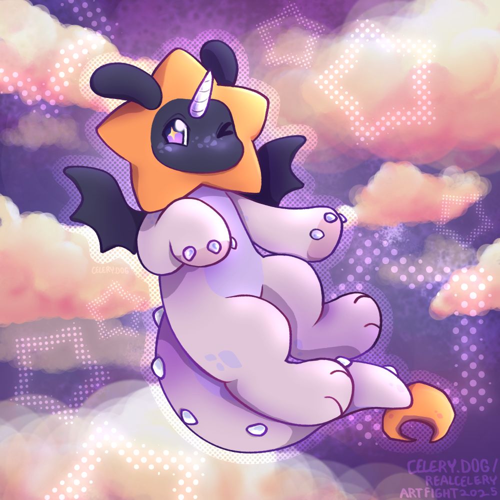 an anthro dinosaur thing floating in a purple space with clouds surrounding them
