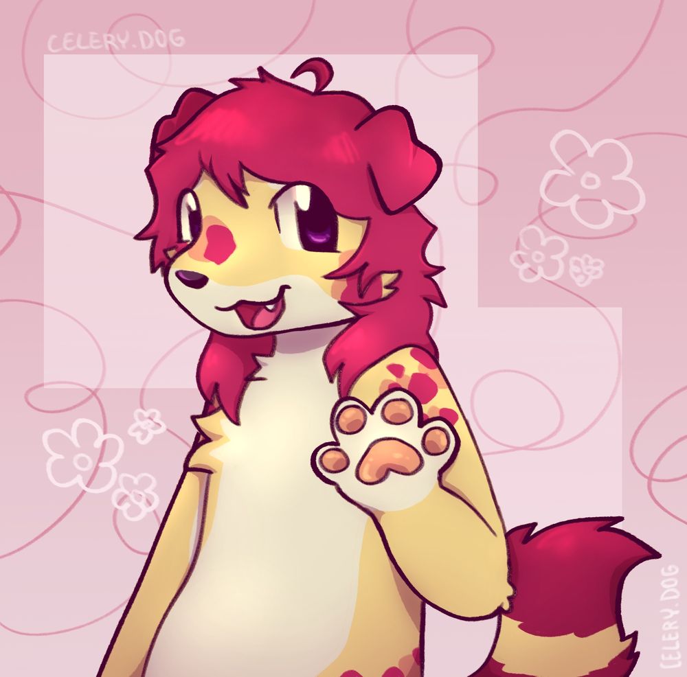 a tan and red/pink colored dog with anime-style eyes smiling at the viewer atop a pink background, waving