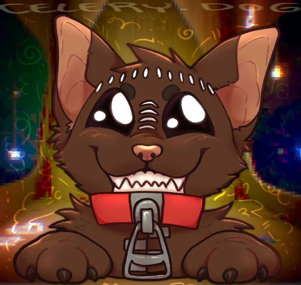 a digital illustration of a sackboy-inspired fursona, smiling, on a highly saturated background with lots of funny shapes