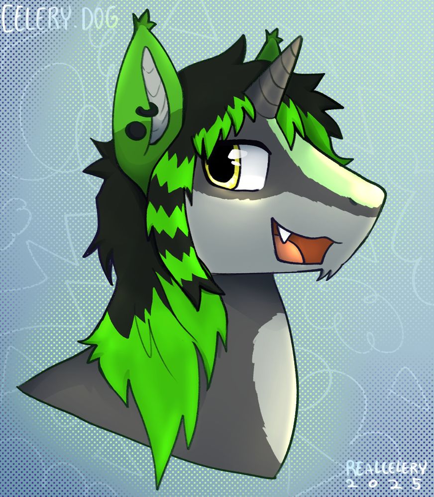 a gray pony OC with a green mane, smiling