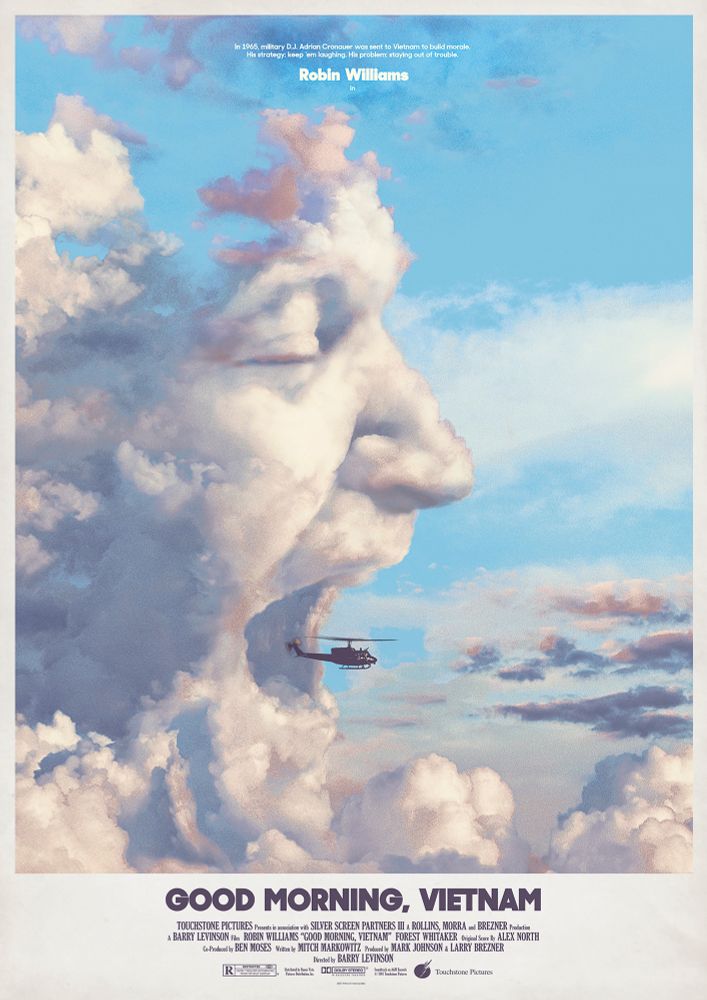 Poster for Good Morning, Vietnam. A large cloud formation in the shape of Robin Williams’ face fills the sky, appearing to shout. A military helicopter flies out of his open mouth against a blue sky with scattered clouds. The title “Good Morning, Vietnam” appears at the bottom with credits.