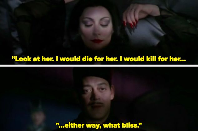 a scene from the addams family; a sleeping morticia and gomez says “look at her. i would die for her. i would kill for her… either way, what bliss.